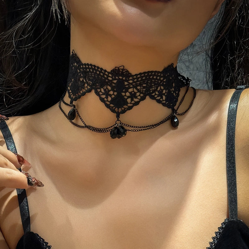 Gothic Hollow Lace Tassel Choker Necklace Halloween Jewelry