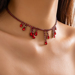 Gothic Red Crystal Claw Choker Necklace Tassel Water Drop Rhinestone Party Jewel