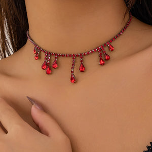 Gothic Red Crystal Claw Choker Necklace Tassel Water Drop Rhinestone Party Jewel