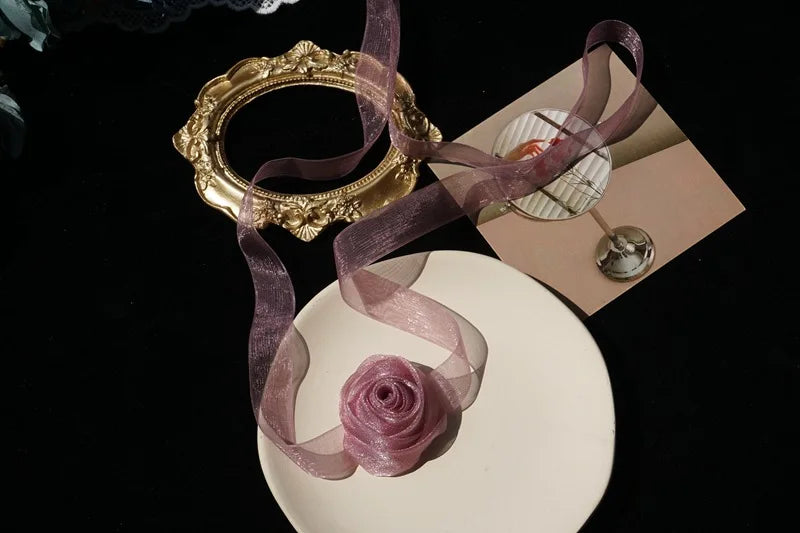 Korea Large Rose Flower Mesh Collar Necklace Women Adjustable Choker