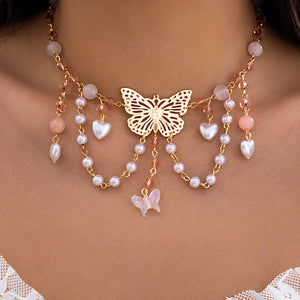Crystal Butterfly Pendant Necklace Heart Pearl Tassel