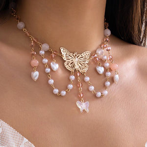 Crystal Butterfly Pendant Necklace Heart Pearl Tassel