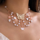 Crystal Butterfly Pendant Necklace Heart Pearl Tassel