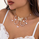 Crystal Butterfly Pendant Necklace Heart Pearl Tassel