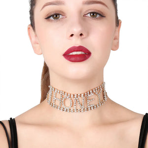 Crystal Short Choker Necklace Rhinestones Letter SEXY Collar Clavicle Chain