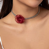 Rhinestone Choker Necklace Romantic Lace Flower Collar