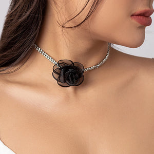 Rhinestone Choker Necklace Romantic Lace Flower Collar