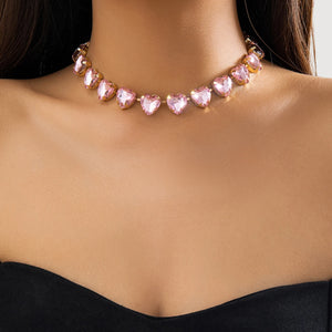 Pink Rhinestone Heart Choker Necklace for Women