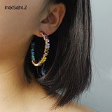 Geometric Round Hoop Earrings Rainbow Rhinestone Crystal Bling Statement Jewelry