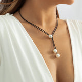 Punk Leather Cord Necklace for Women Gothic Three Pearl Pendant