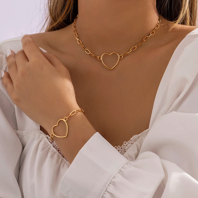 Punk Hollow Heart Link Chain Set for Women Wedding