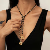 Punk Chain Long Necklace with Pearl Pendant for Women