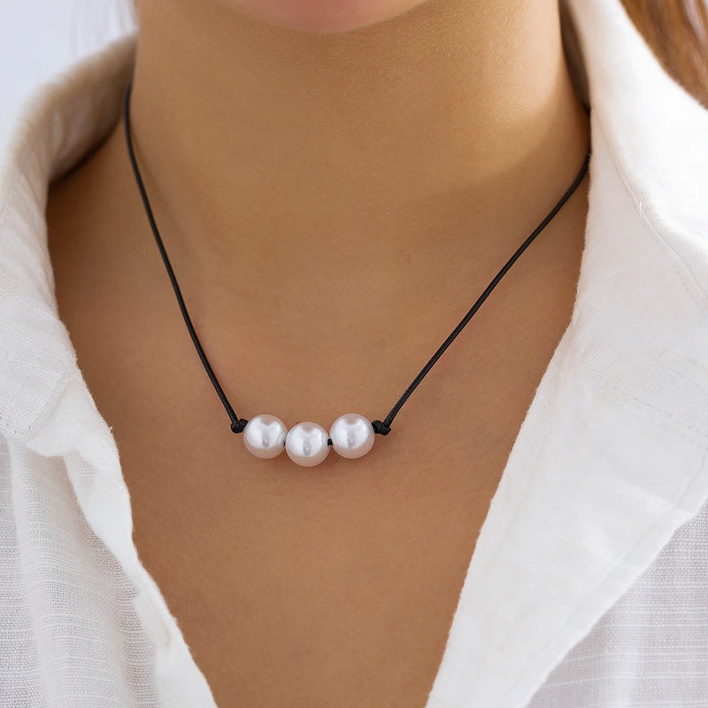 Pearls Leather Wax Thread Choker Necklace Cord Knotted Je