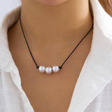 Pearls Leather Wax Thread Choker Necklace Cord Knotted Je