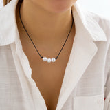 Pearls Leather Wax Thread Choker Necklace Cord Knotted Je