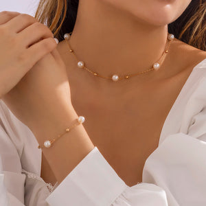 Pearl Charm Bracelet Necklace Set Punk Beaded Chain Party Wedding Jewelry