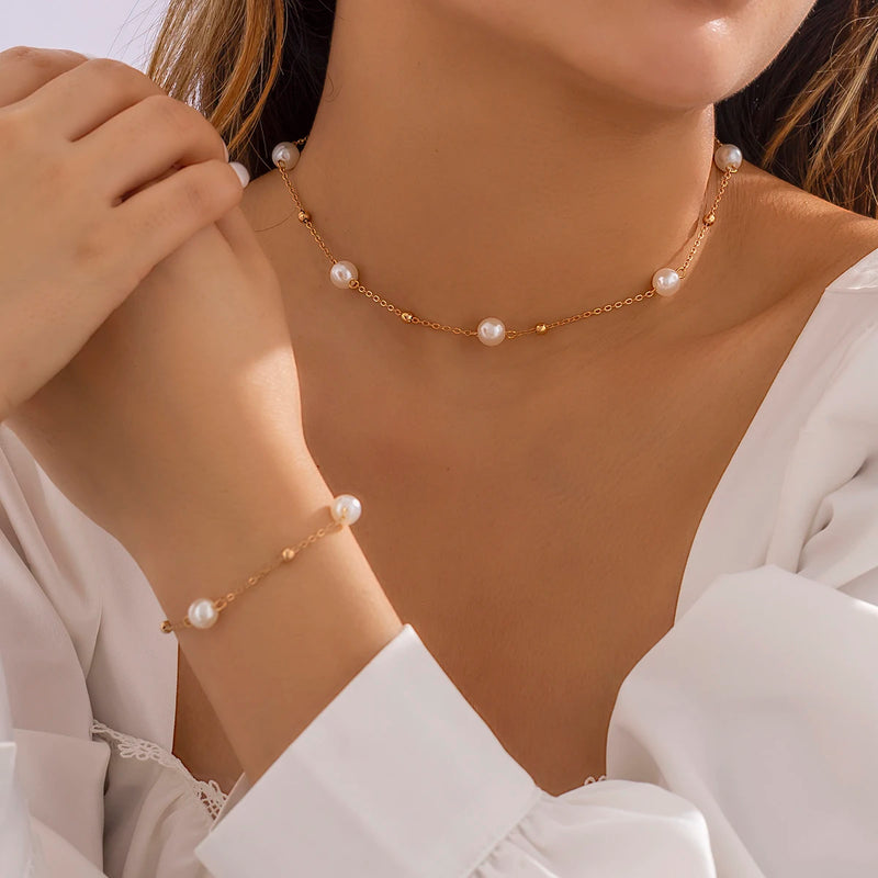 Pearl Charm Bracelet Necklace Set Punk Beaded Chain Party Wedding Jewelry