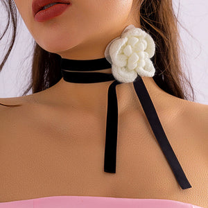 Sweet Knitted Big Flower Choker Necklace for Women Long Adjustable Collar