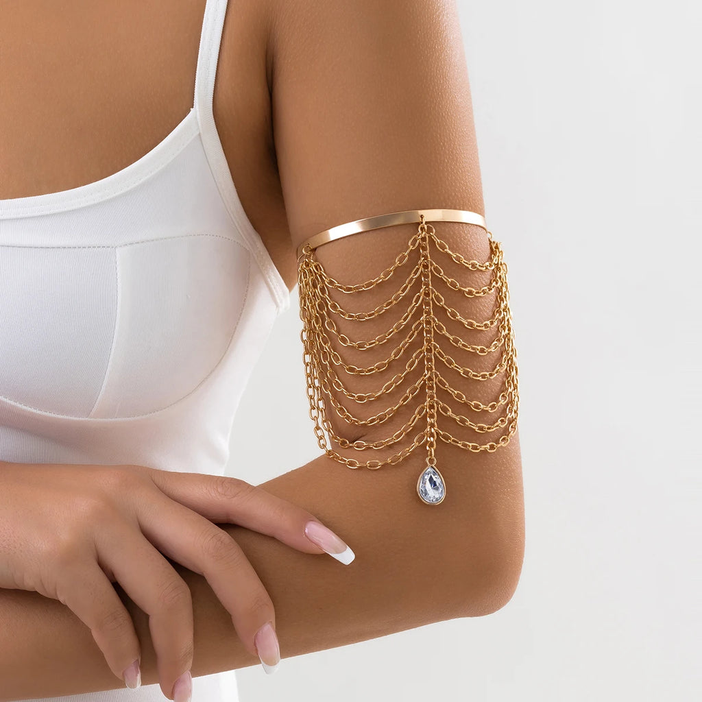 Vintage Tassel Cross Arm Chain Water Drop Crystal Arm Cuff Bangle Bracelet