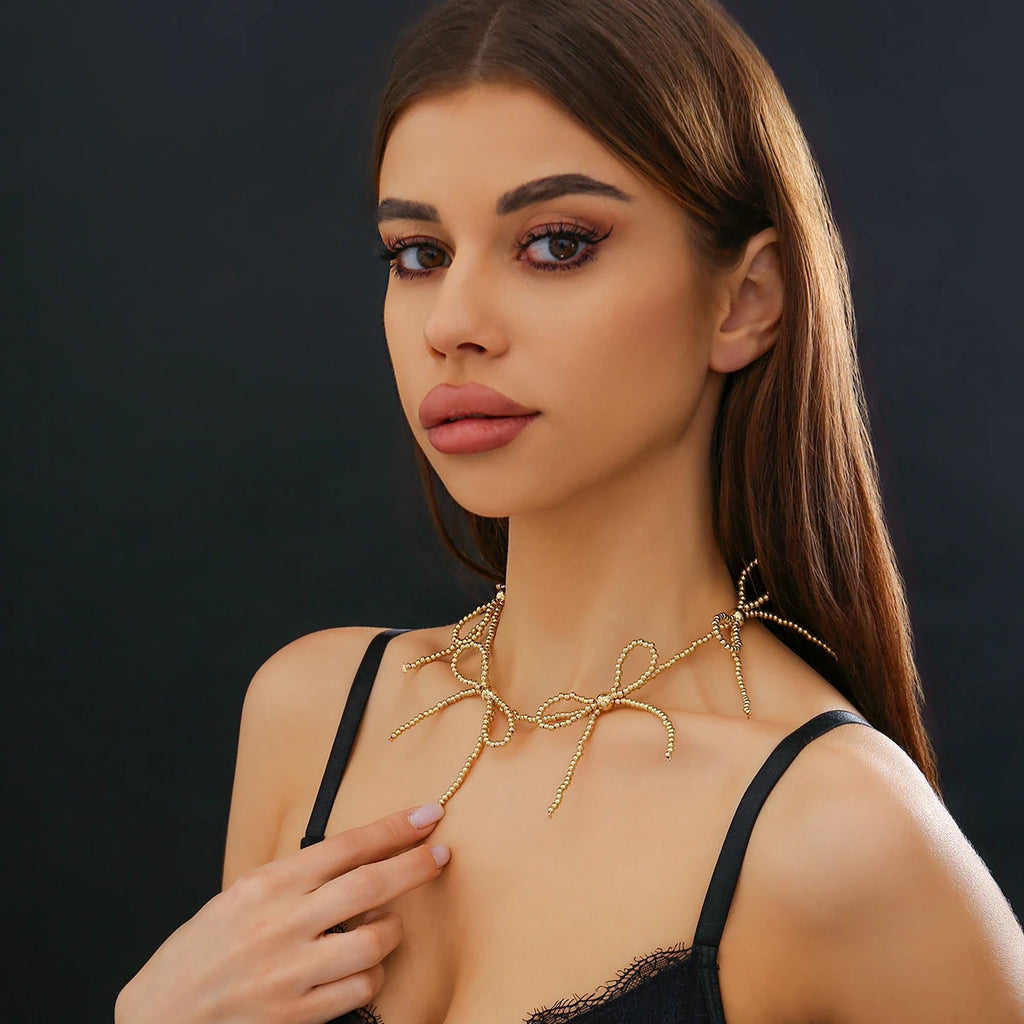 Vintage CCB Beaded Bow Choker Necklace for Women Punk Short Necklace