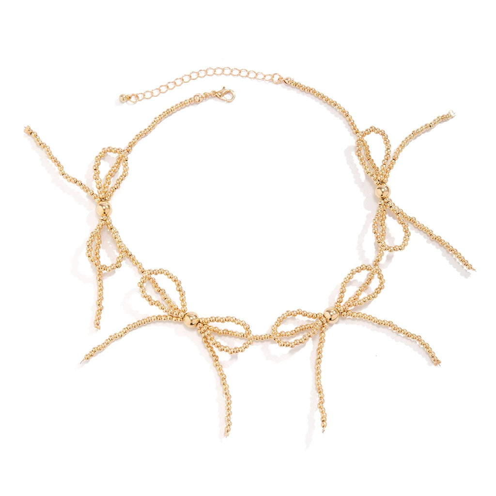 Vintage CCB Beaded Bow Choker Necklace for Women Punk Short Necklace