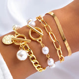 Boho Pearl Chain Coin Pendant Bracelet Set Vintage Snake Link Bangles