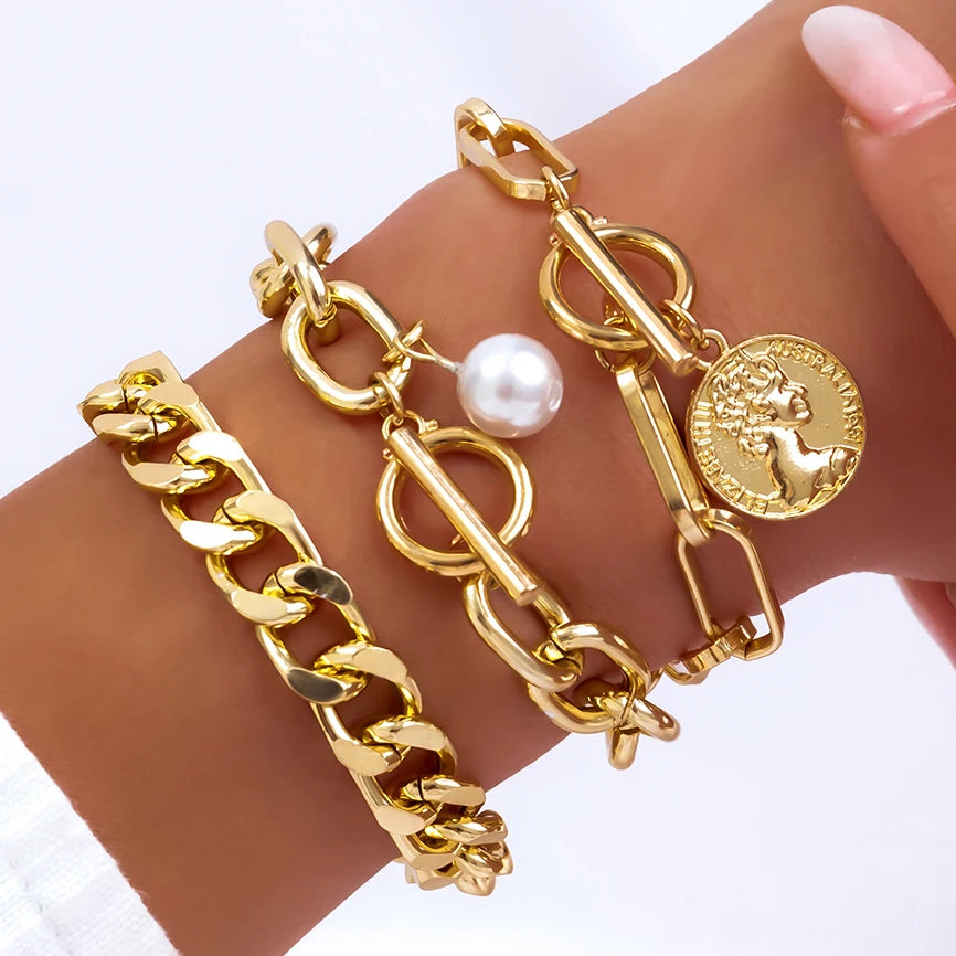 Boho Pearl Chain Coin Pendant Bracelet Set Vintage Snake Link Bangles