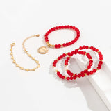 Boho Red Crystal Heart Chain Bracelets Set Ethnic Coin Pendant Bangles