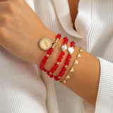Boho Red Crystal Heart Chain Bracelets Set Ethnic Coin Pendant Bangles
