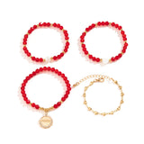 Boho Red Crystal Heart Chain Bracelets Set Ethnic Coin Pendant Bangles