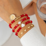 Boho Red Crystal Heart Chain Bracelets Set Ethnic Coin Pendant Bangles