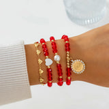 Boho Red Crystal Heart Chain Bracelets Set Ethnic Coin Pendant Bangles