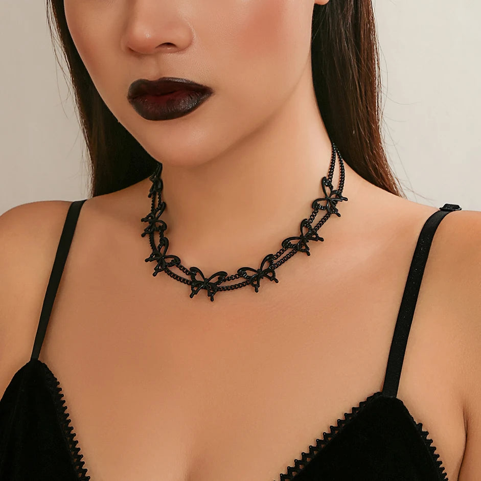 Goth Hollow Butterfly Clavicle Chain Necklace Vintage Multilayer Choker