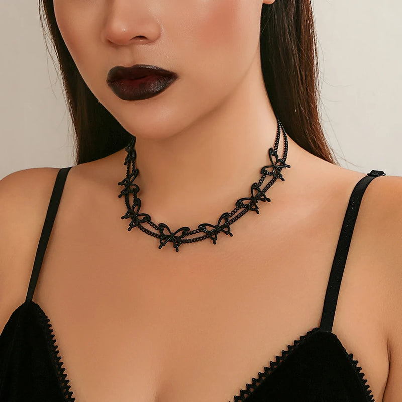 Goth Hollow Butterfly Clavicle Chain Necklace Vintage Multilayer Choker