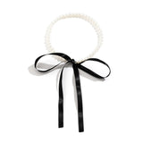 Goth Kpop Pink Ribbon Bow Necklace Pearl Rope Choker