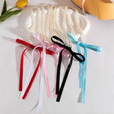 Goth Kpop Pink Ribbon Bow Necklace Pearl Rope Choker