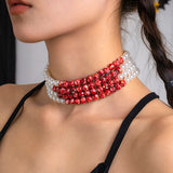 Goth Red Pearl Clavicle Chain Necklace Women Wedding Bridal Statement