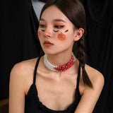 Goth Red Pearl Clavicle Chain Necklace Women Wedding Bridal Statement