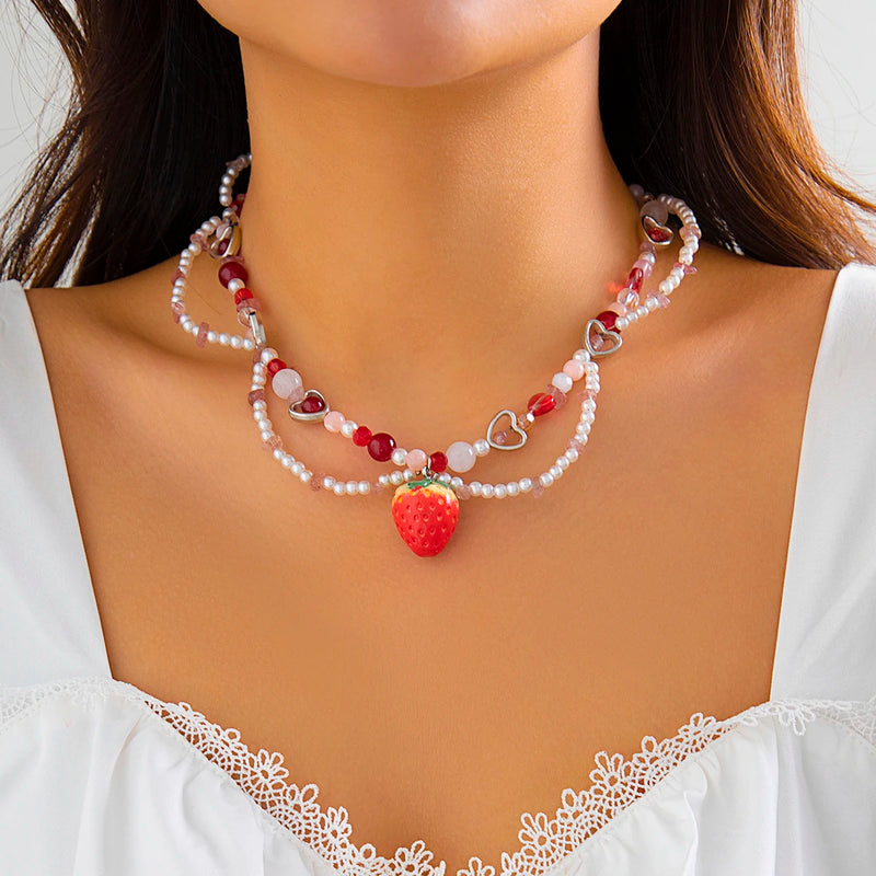 Kpop Sweet Strawberry Pendant Necklace Love Heart Choker Jewelry