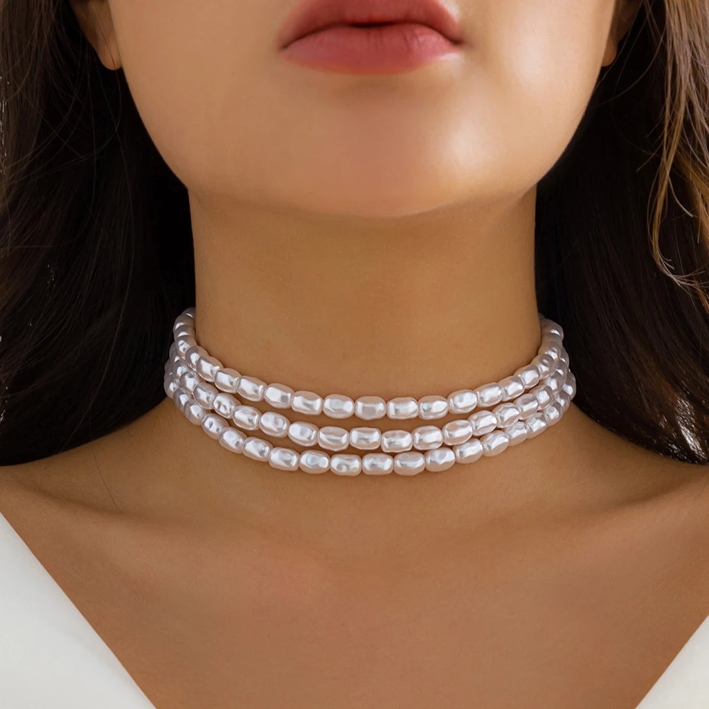 Multilayer Goth Pearl Choker Necklace for Women Wed Bridal Bead Clavicle