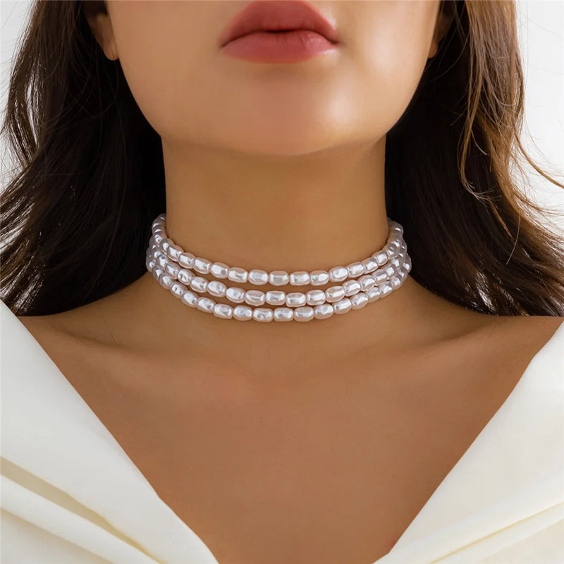 Multilayer Goth Pearl Choker Necklace for Women Wed Bridal Bead Clavicle