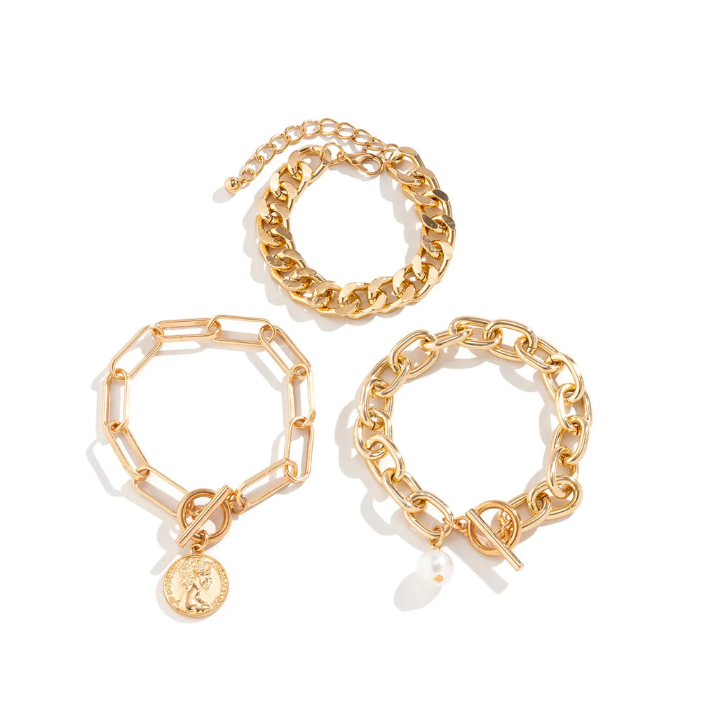 Punk Metal Cuban Chain Bracelets Set for Women