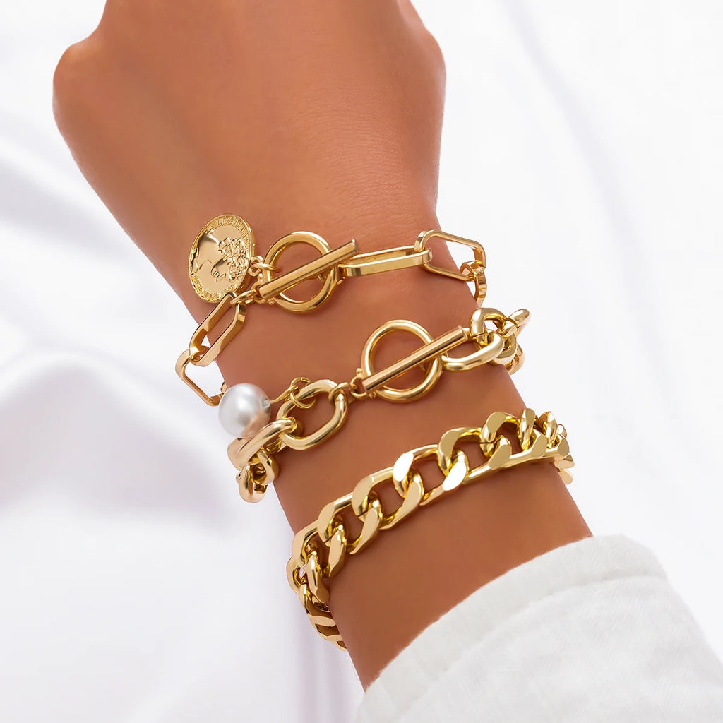 Punk Metal Cuban Chain Bracelets Set for Women