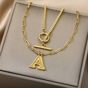 A-Z Letter Necklaces for Women Double Layer Box Chain Pendant Necklace