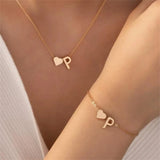 Initial Heart Necklace Bracelet Set Plated Initial Necklace A-Z Dainty Women