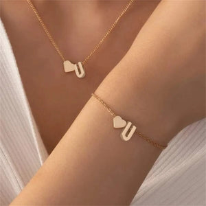 Initial Heart Necklace Bracelet Set Plated Initial Necklace A-Z Dainty Women
