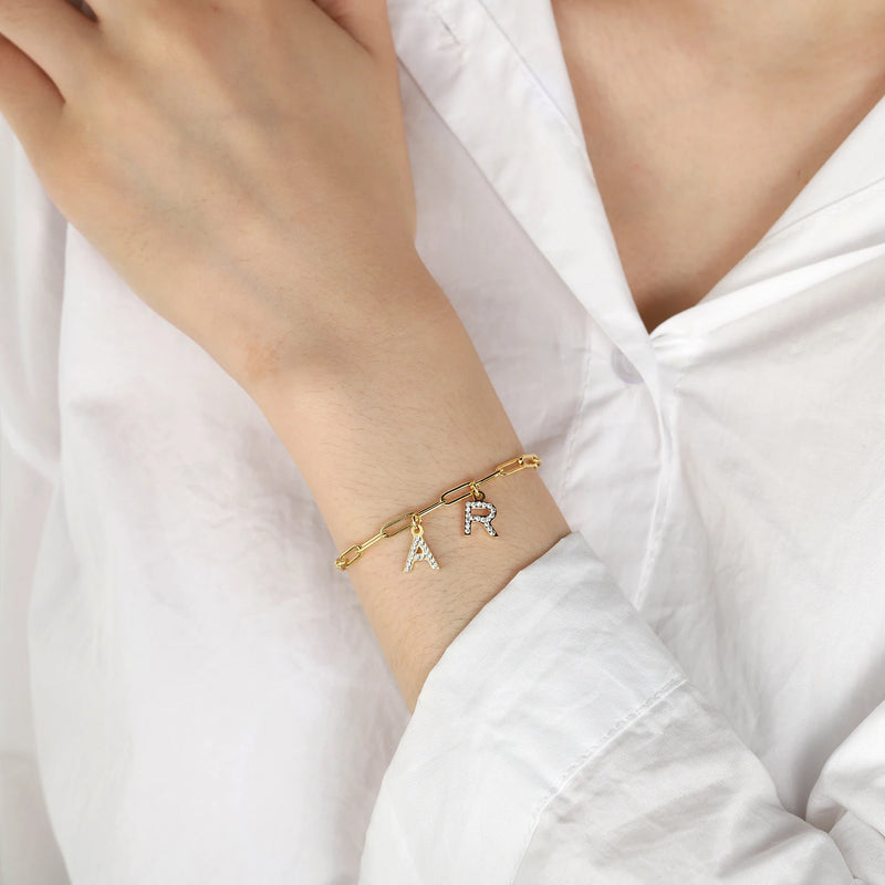 18k Plated Stainless Steel Letter Bracelet - Personalized Crystal Jewelry