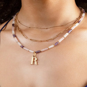 Pastel Quartz Beaded Necklace Stainless Steel Letter Pendant