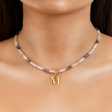 Pastel Quartz Beaded Necklace Stainless Steel Letter Pendant