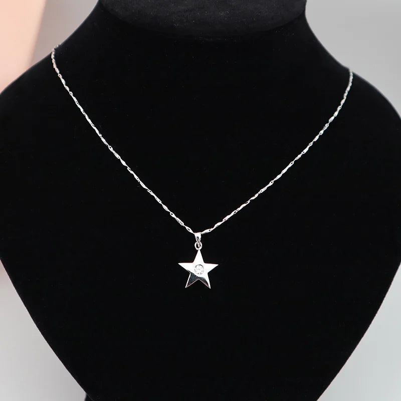 Crystal Zircon Pentagram Star Pendant 925 Sterling Silver Necklace